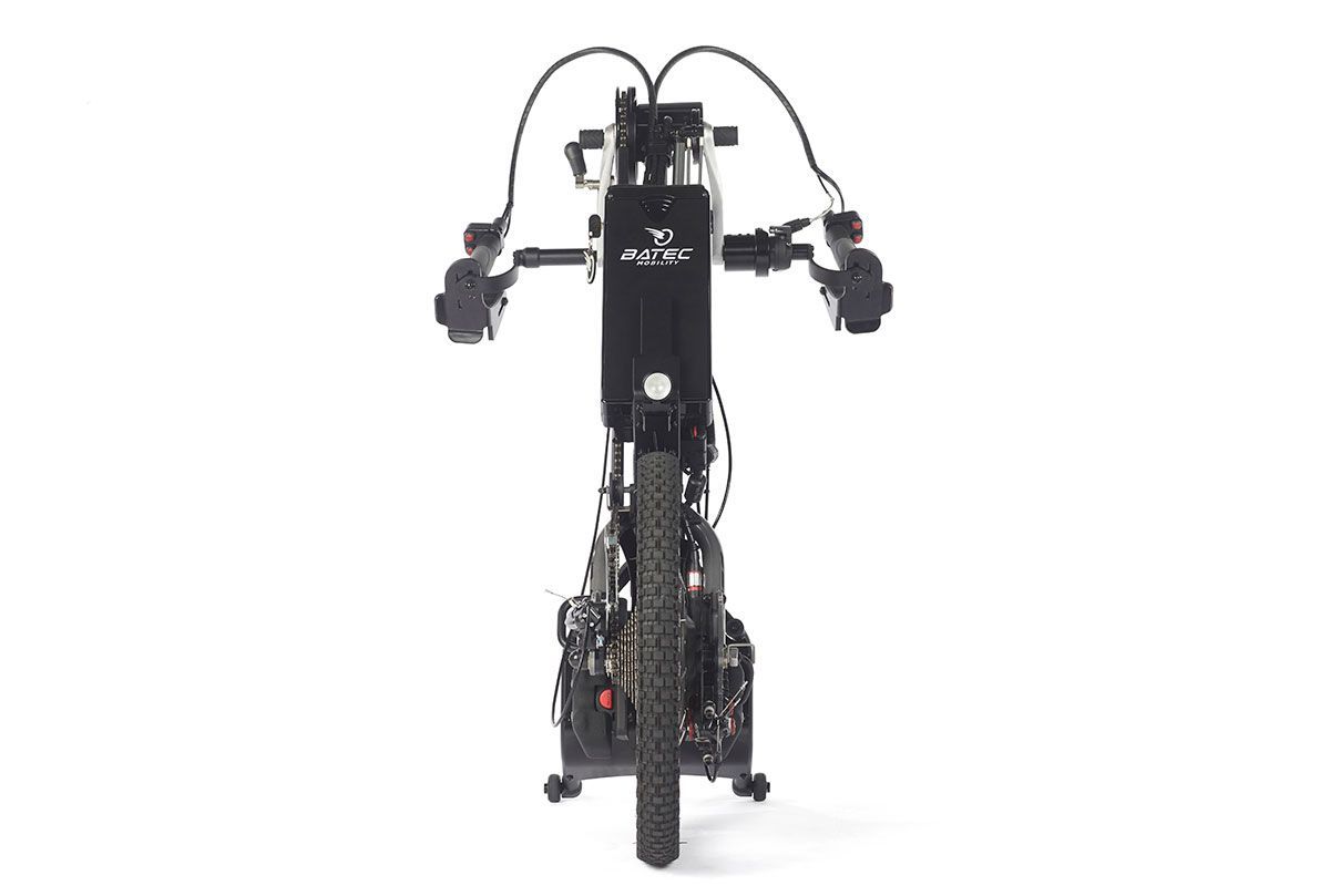 Black, front-facing adaptive bike with handlebars, cables, and a single front wheel, against a white background.
