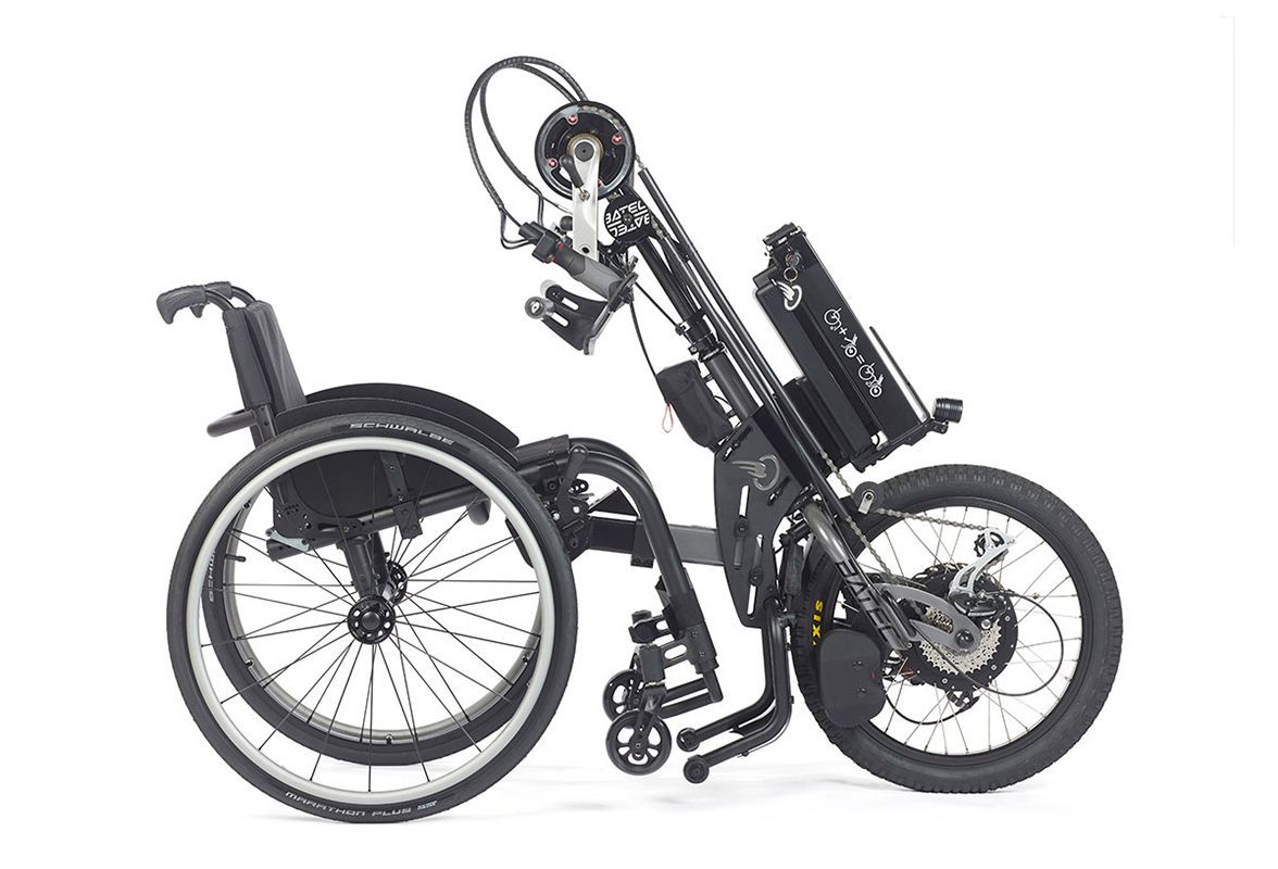 Black electric wheelchair, folded, on white background. Features front motor wheel, rear wheels.