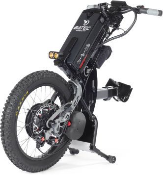 Black and silver Batec handbike, a motorized wheelchair attachment with a large rear wheel.