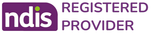 NDIS registered provider logo in purple and white.