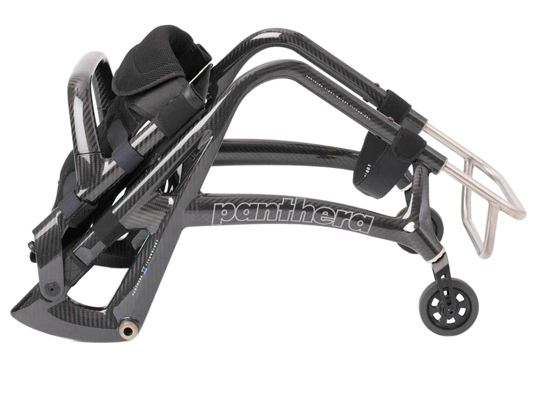 Dog wheelchair, gray frame, black straps, small wheels, designed for mobility.