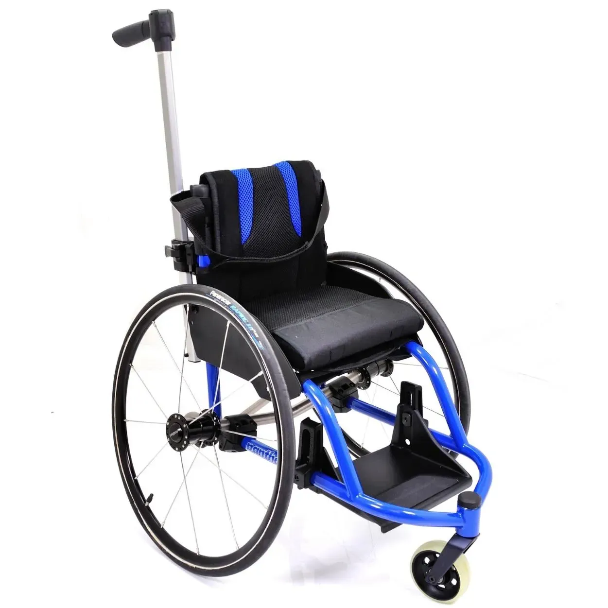 Blue and black wheelchair with large rear wheels, small front wheels, and a push bar.