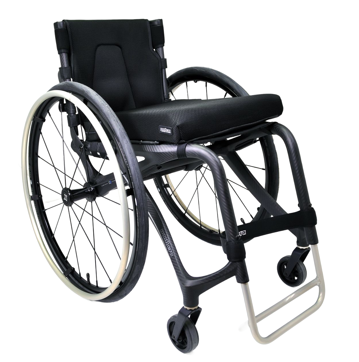 Black and silver manual wheelchair with spoke wheels, black seat and backrest, and footrest.