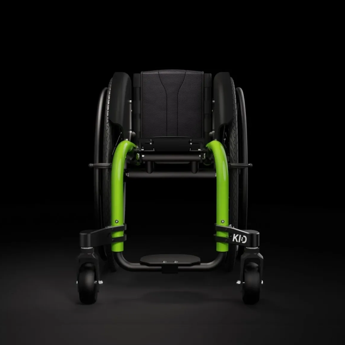 Front view of a black and green wheelchair on a black background.