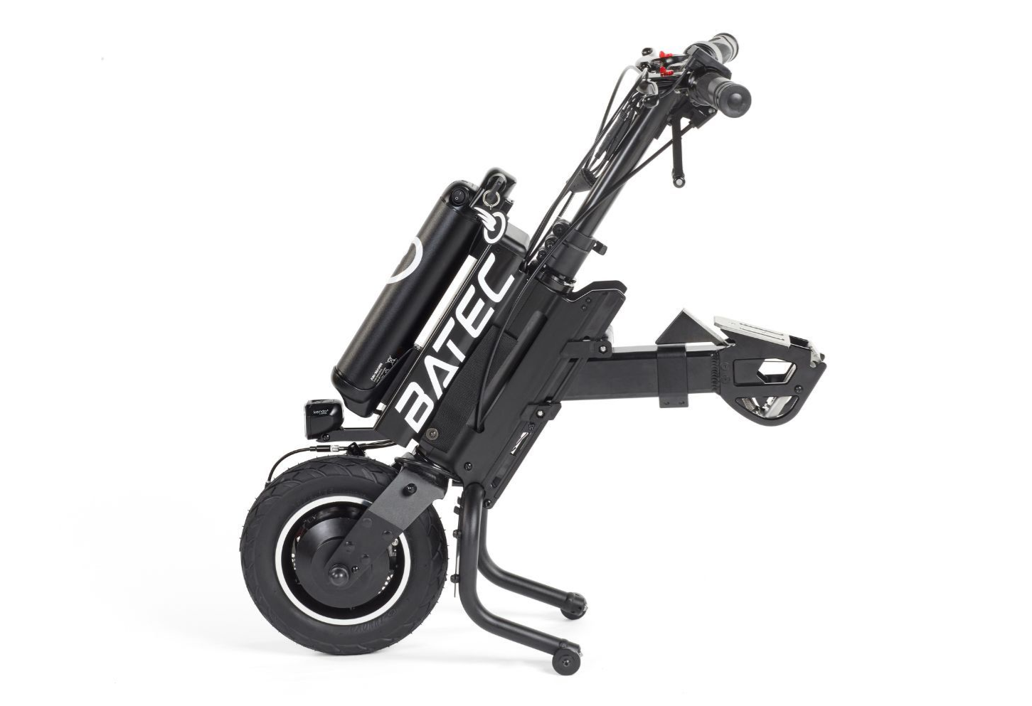 Black, foldable electric wheelchair attachment with battery, upright, angled on white background.