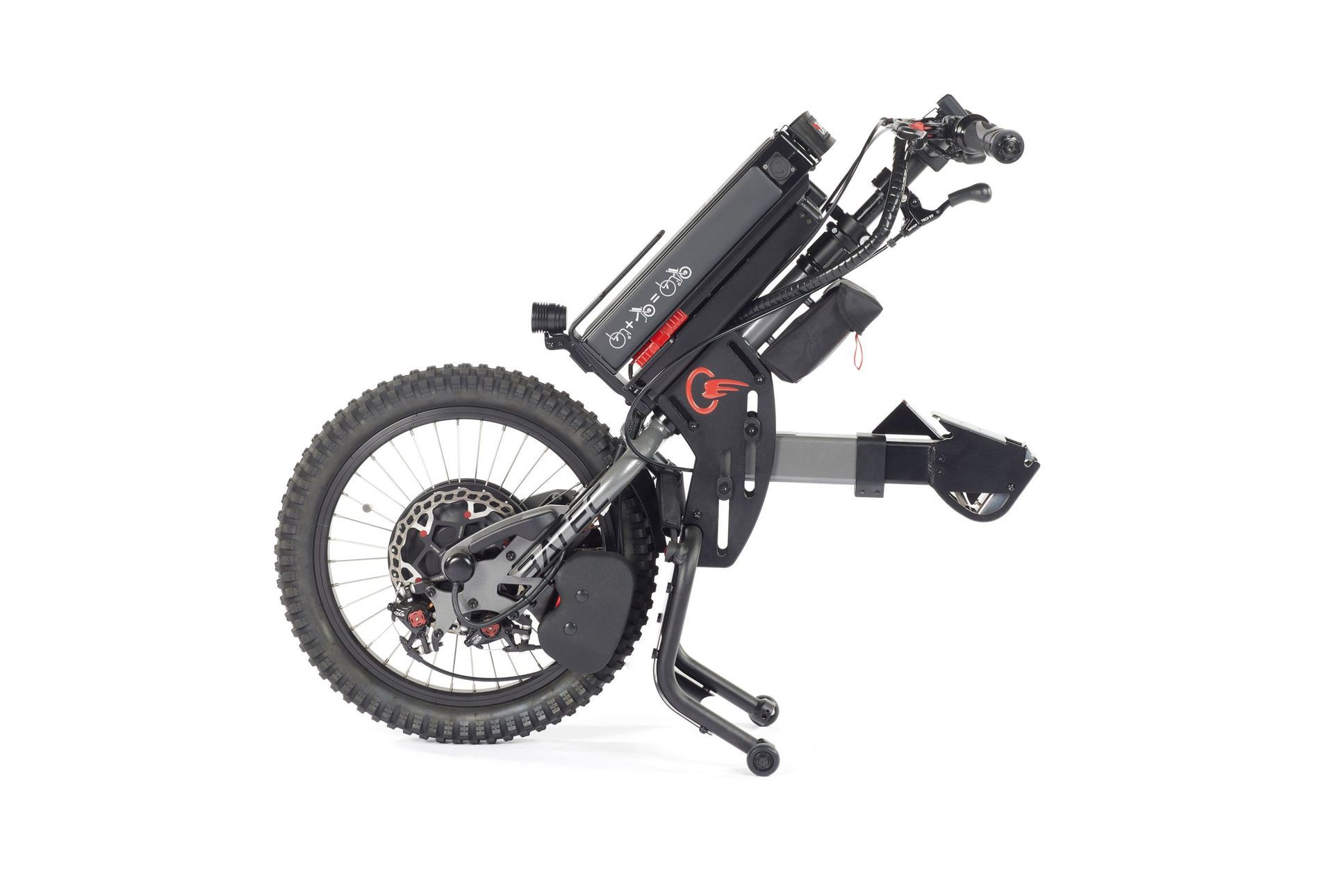 Black electric wheelchair with large rear wheel on white background.
