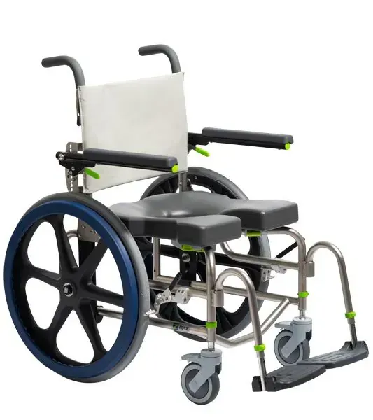 Shower wheelchair with blue and black wheels, gray seat, and adjustable armrests.