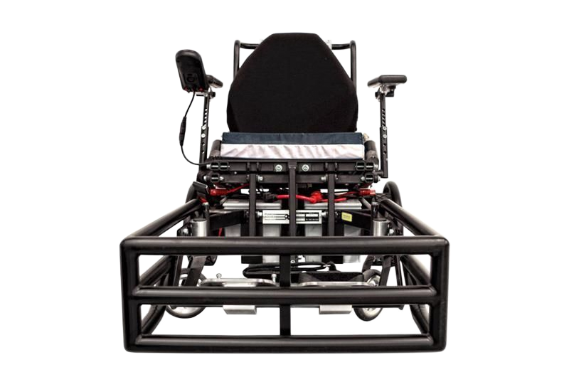Black power wheelchair with cushioned seat and armrests, set against a white background.