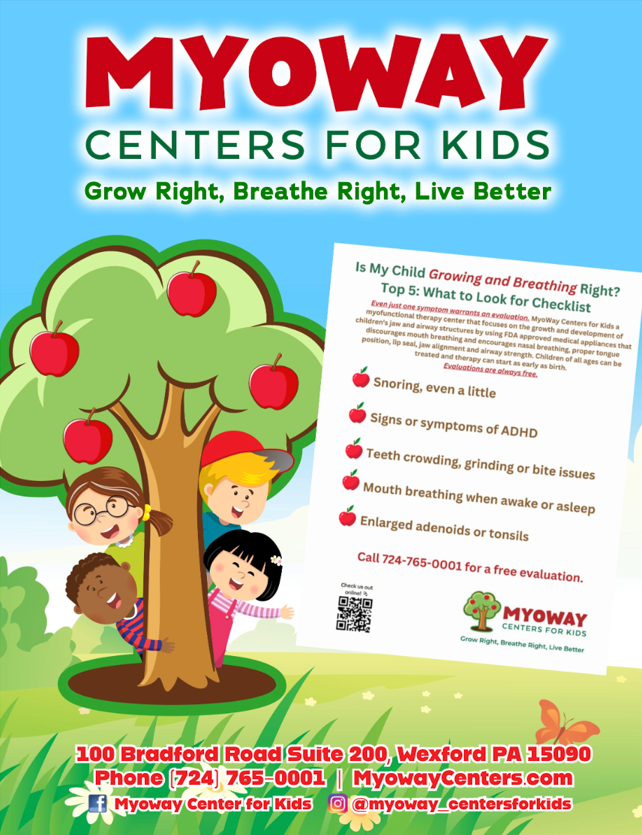 A poster for myoway centers for kids shows a tree with apples on it