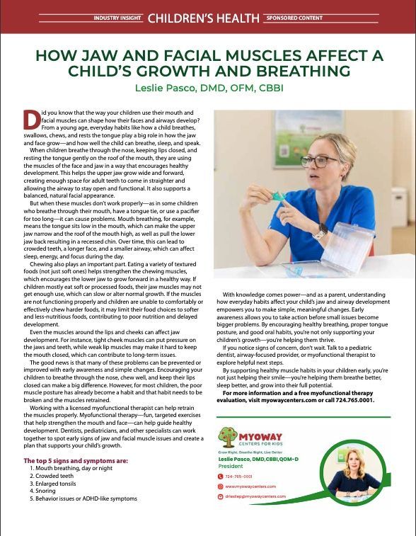 A woman is talking about how jaw and facial muscles affect a child 's growth and breathing.