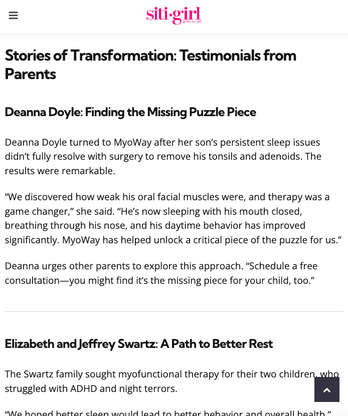 A screenshot of a website titled stories of transformation : testimonials from parents.