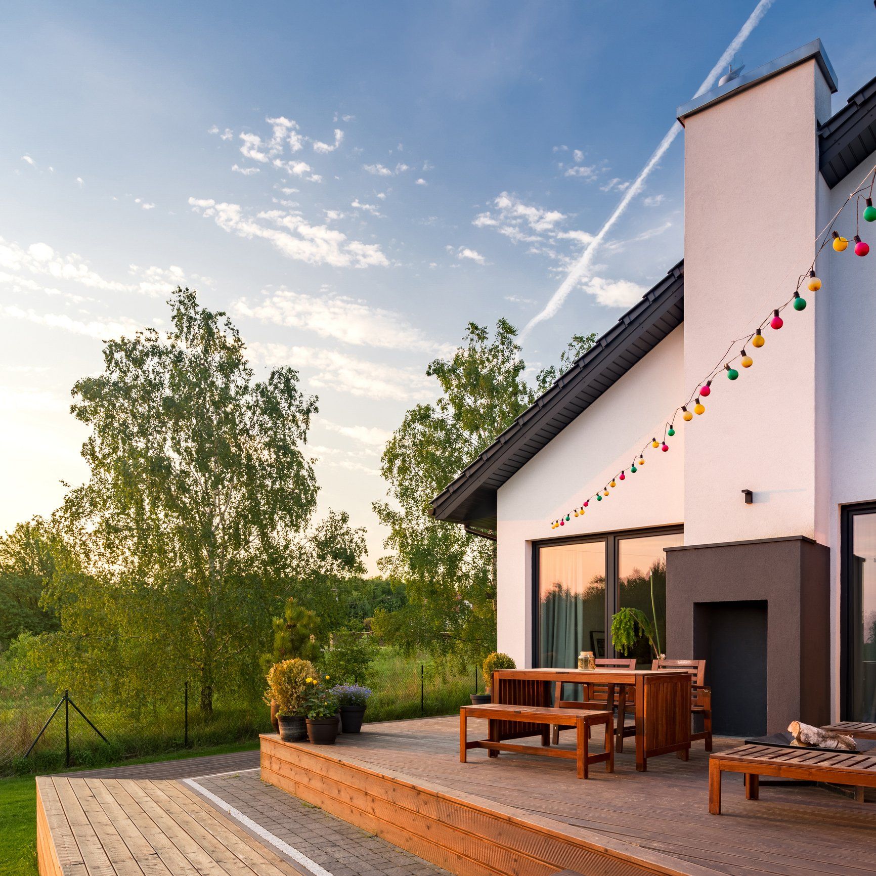 Patios — Exterior View of Villa with Patio with Wooden Flooring, Furniture and Steps in Richmond, VA