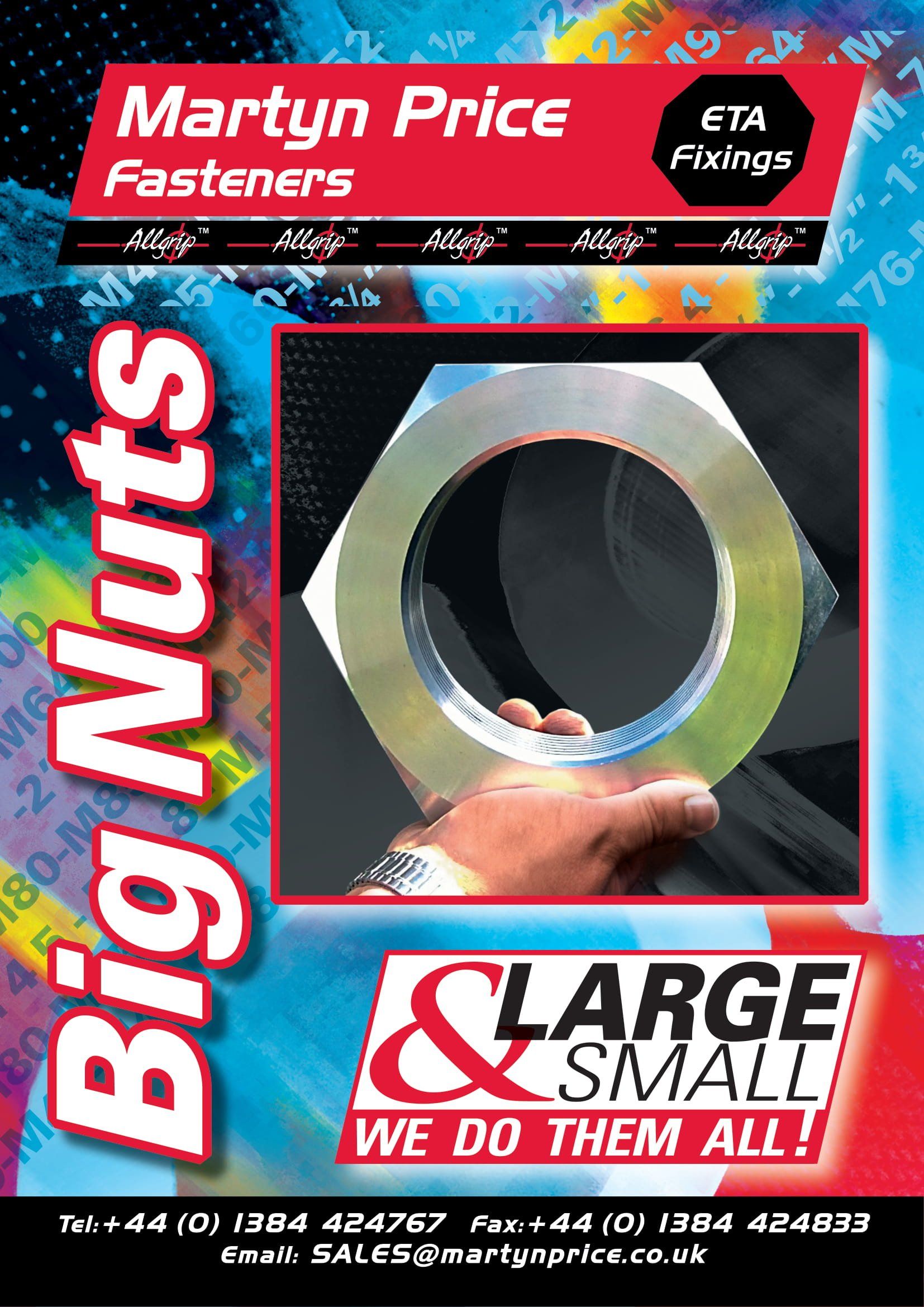 An advertisement for martyn price fasteners shows a person holding a large nut