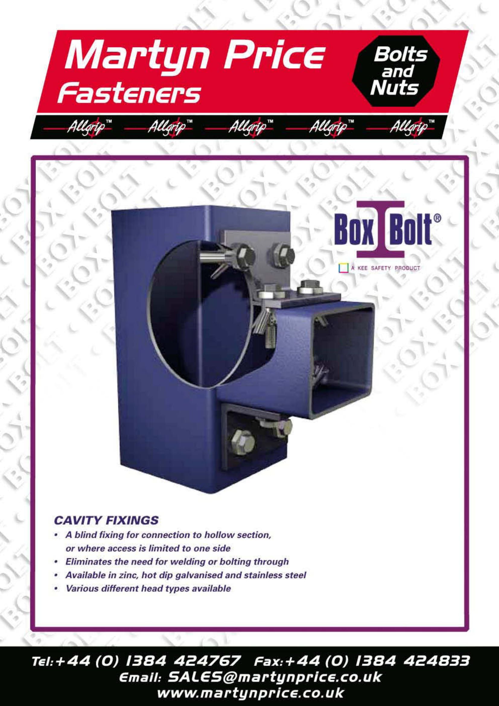 A poster for martyn price fasteners with a picture of a box bolt