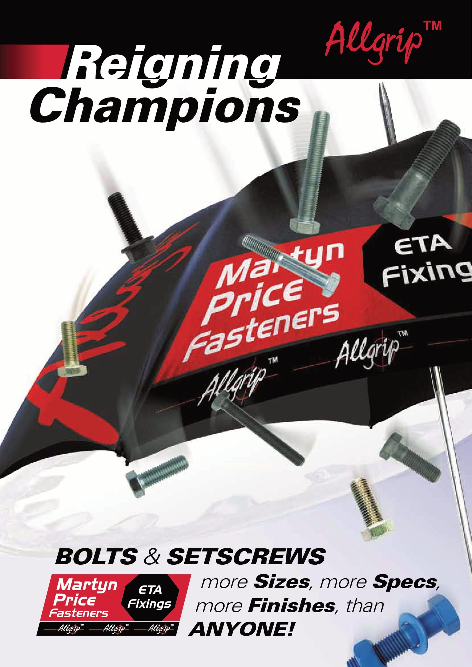 A poster for bolts and setscrews that says reigning champions