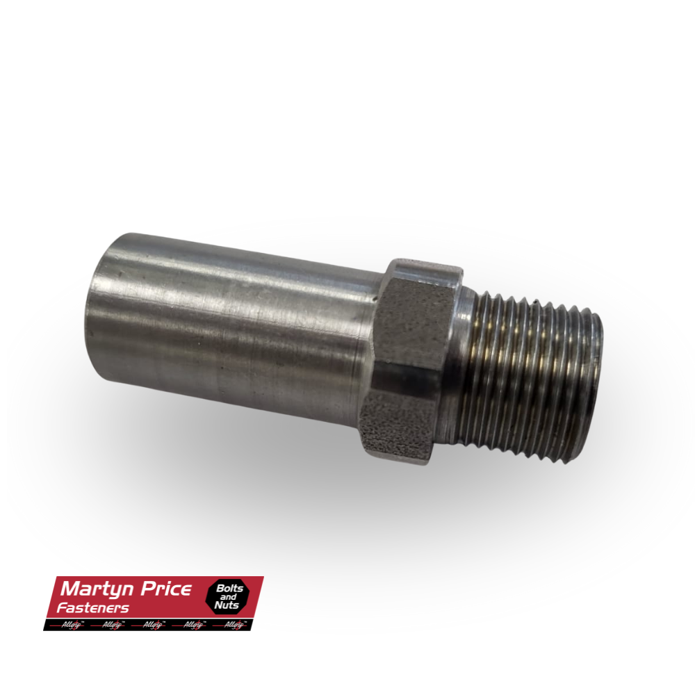 A stainless steel fitting with a hex nut on a white background.