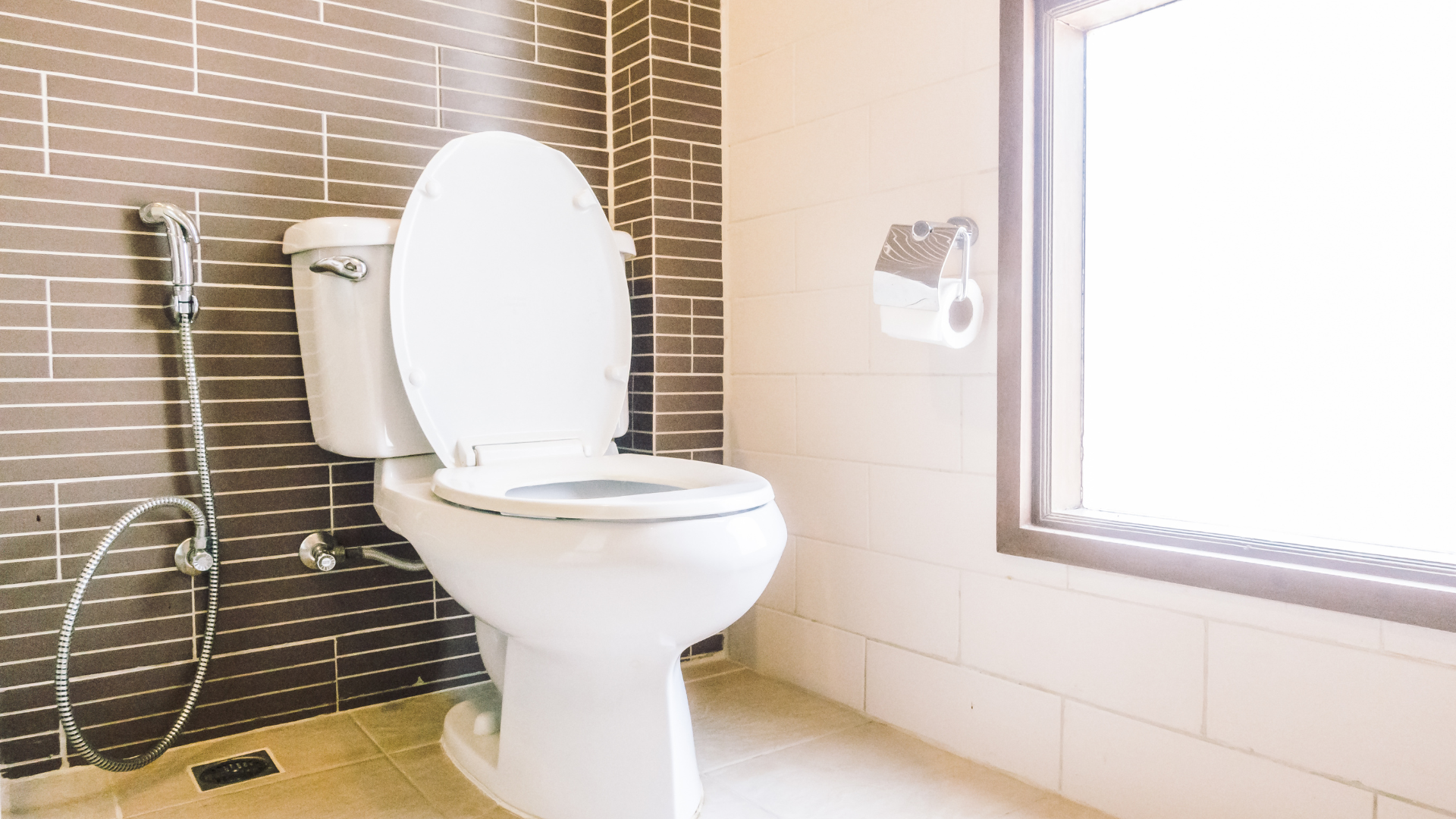 White toilet in a bathroom with dark tiled wall and bright window.