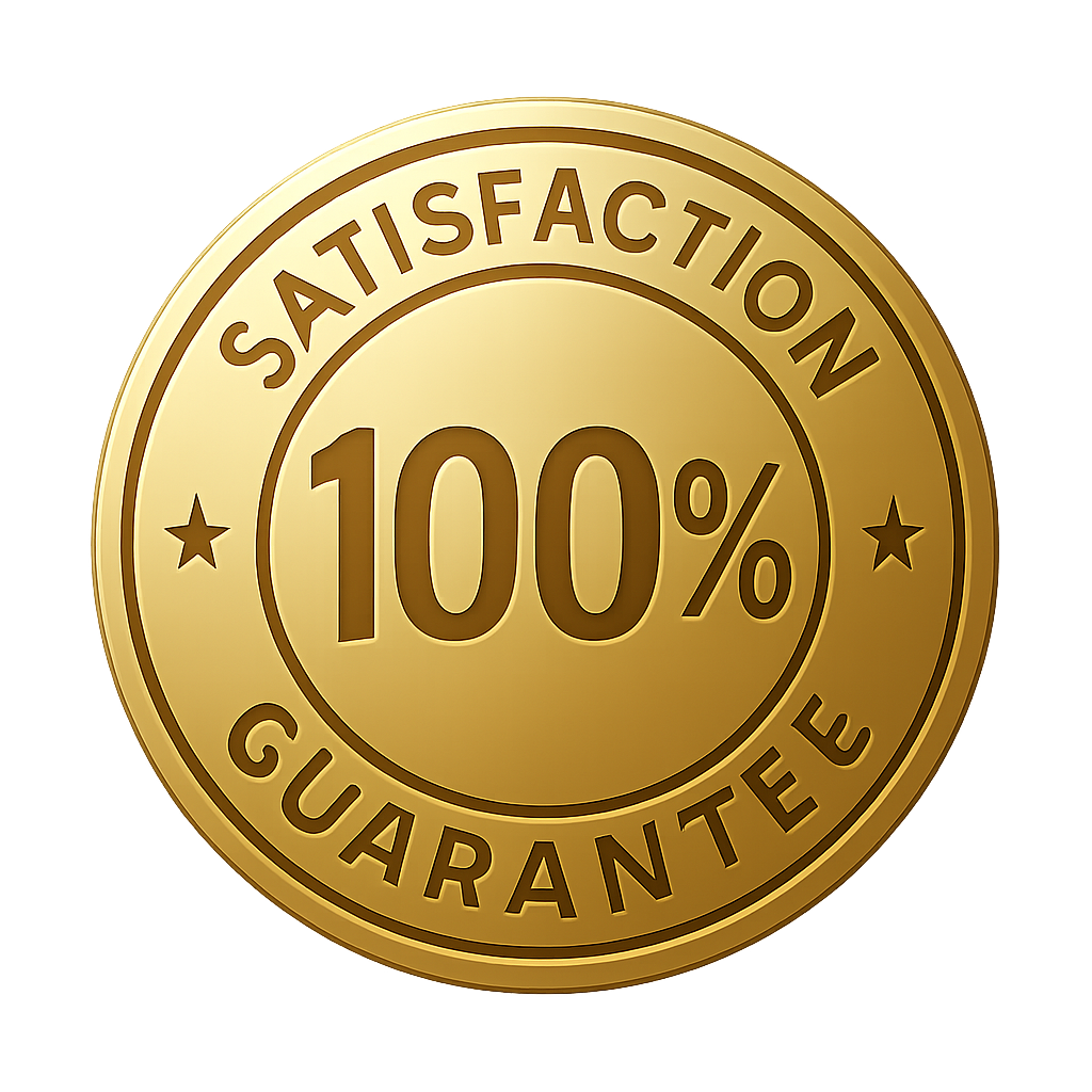 A gold satisfaction guaranteed stamp on a white background.