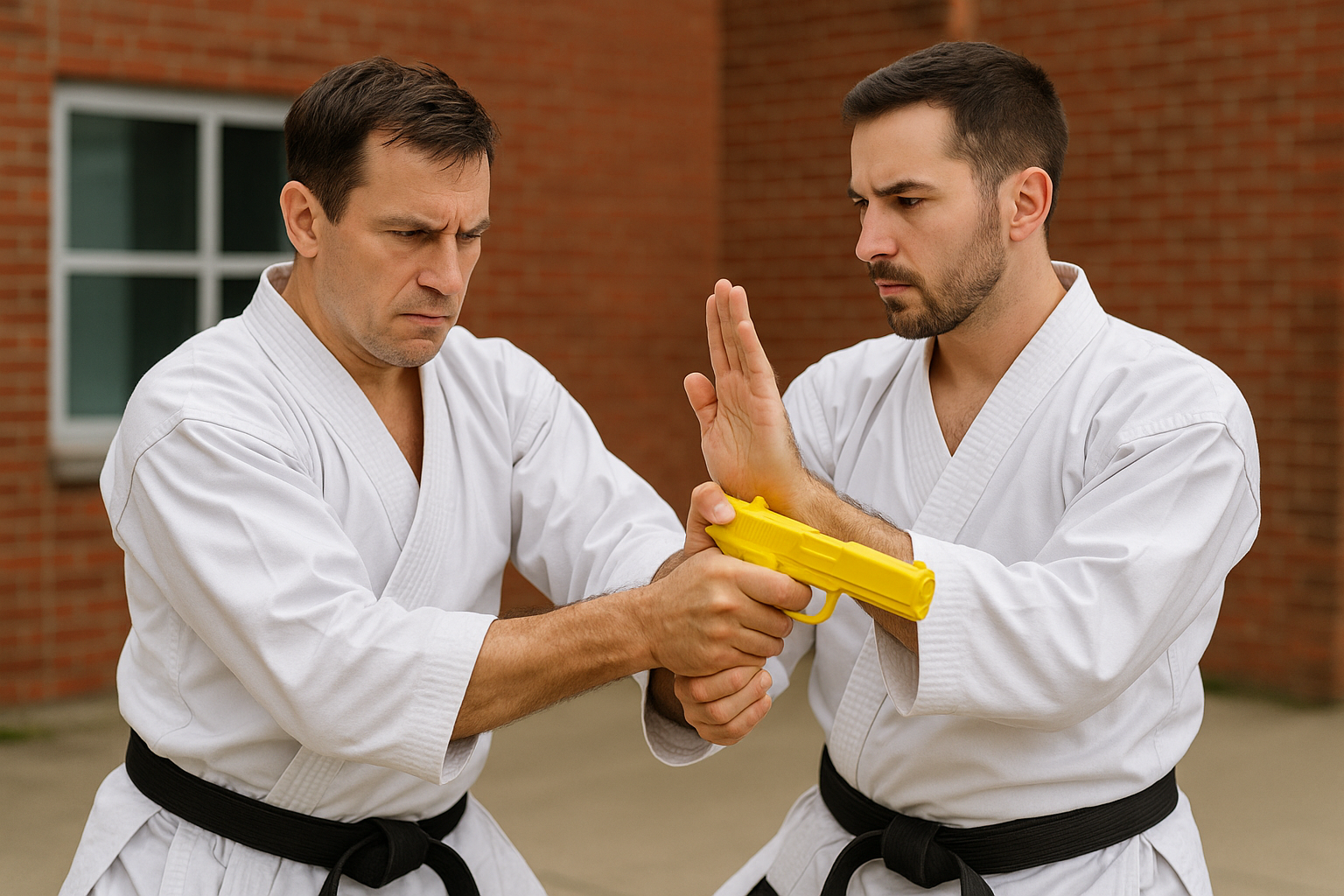 A man is holding another man 's hand while holding a yellow object.