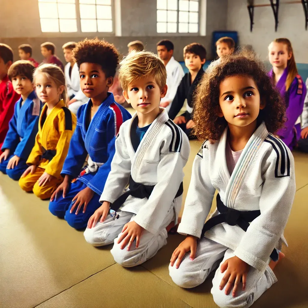 A group of children in karate uniforms are kneeling on the floor
