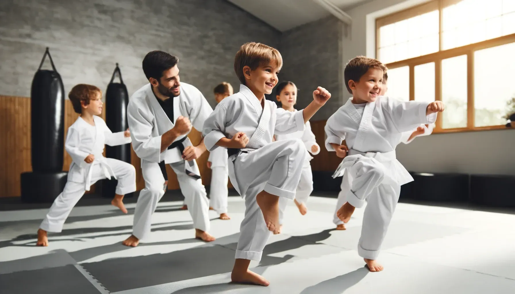 Children aged 5-7 energetically practicing martial arts kicks and punches in a bright dojo with an i