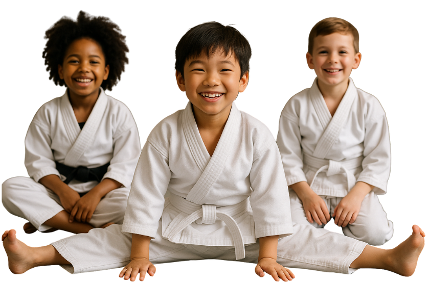 Three children in karate uniforms are sitting on the floor and giving a thumbs up.