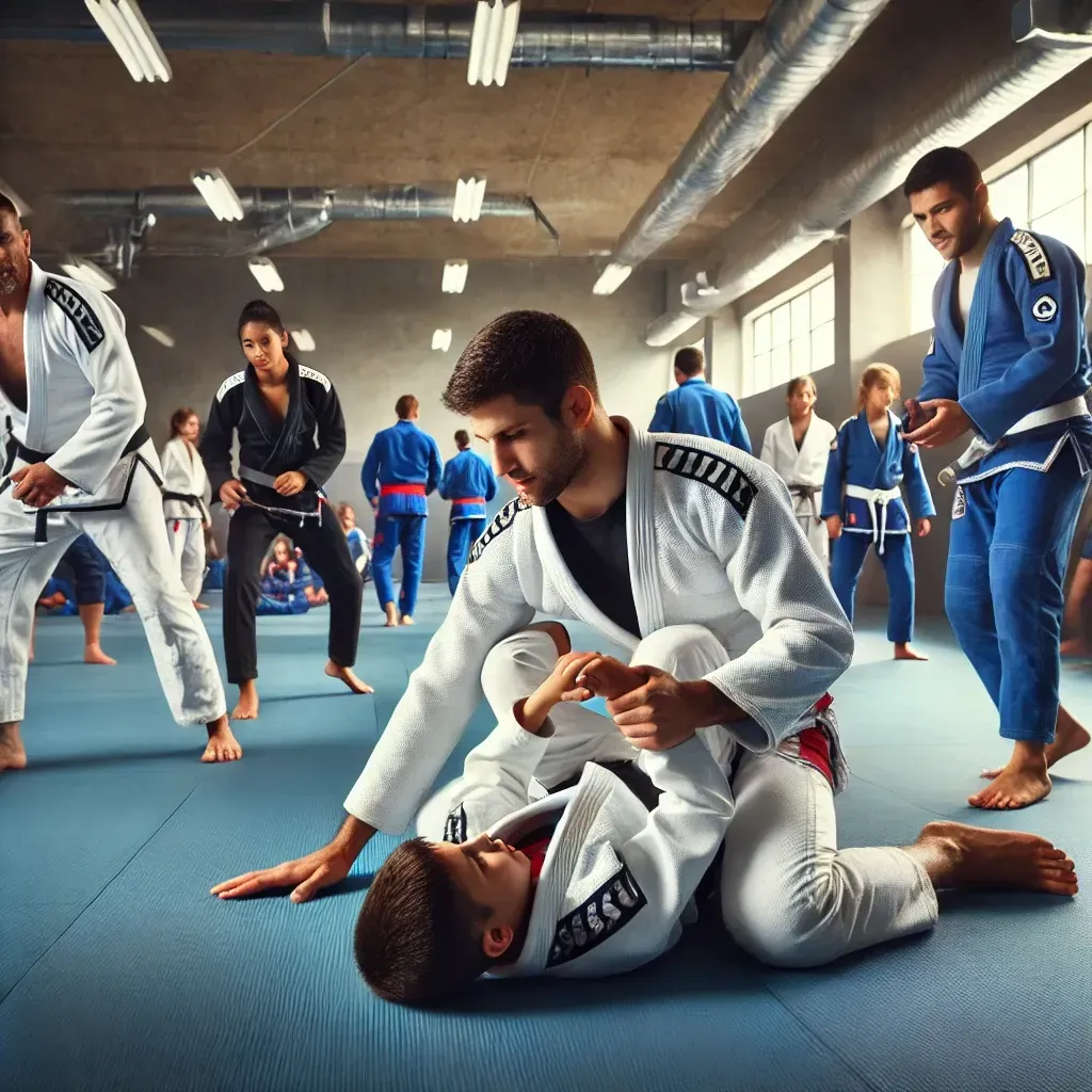 A group of people are practicing martial arts in a gym.