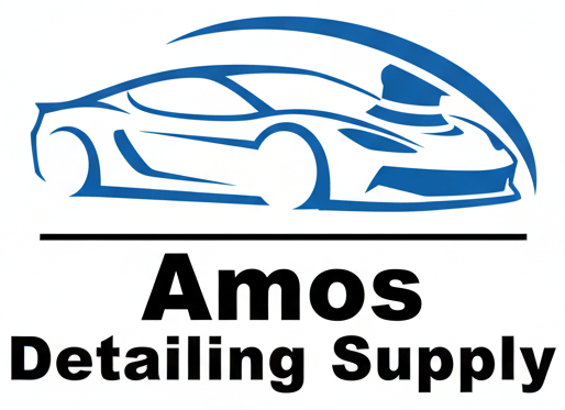 Black car logo for Amos Detailing Supply. Blue shield surrounds a sports car silhouette with text and stars.