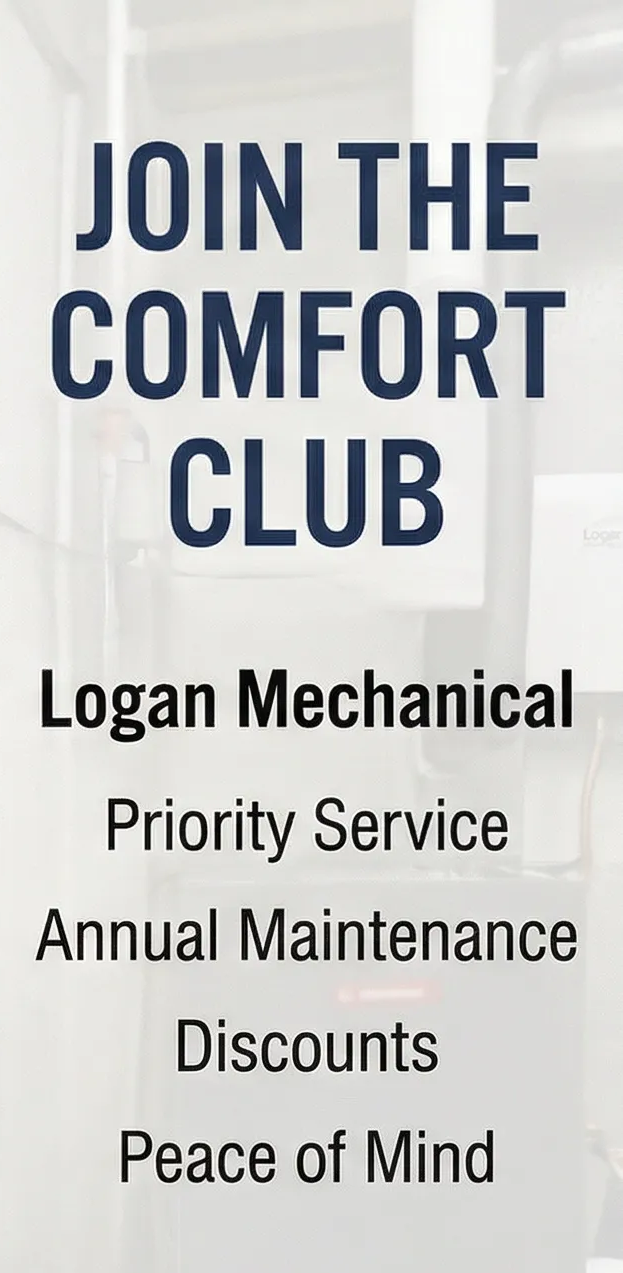 Ad for Logan Mechanical's Comfort Club, listing member benefits like priority service and maintenance with a sign-up button.