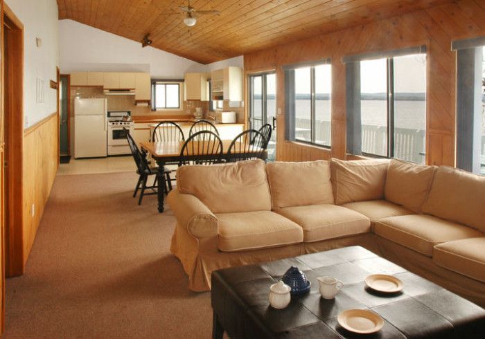 A living room with a couch and a coffee table