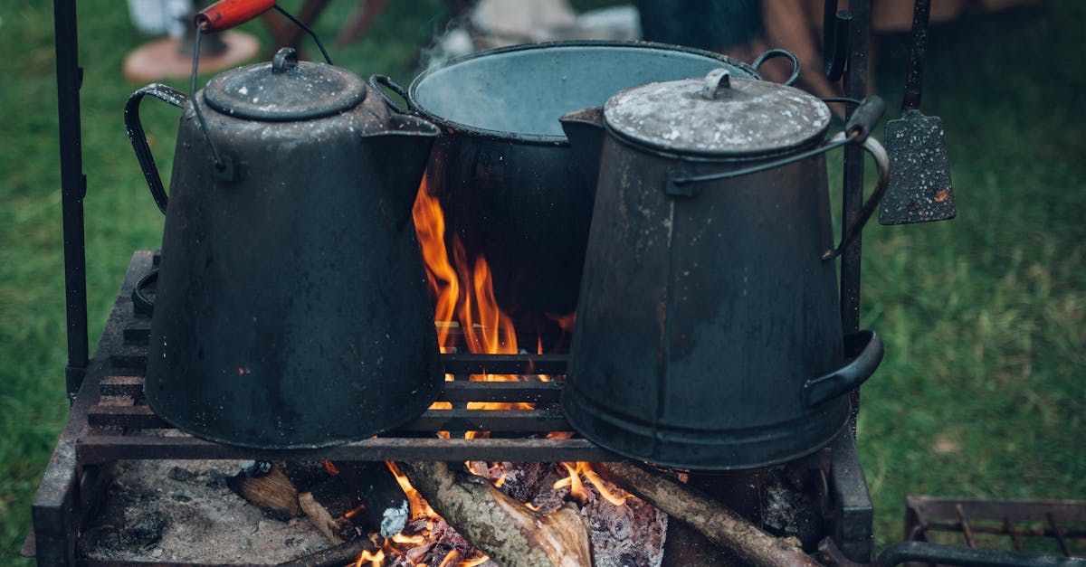 Three pots are cooking over a campfire.