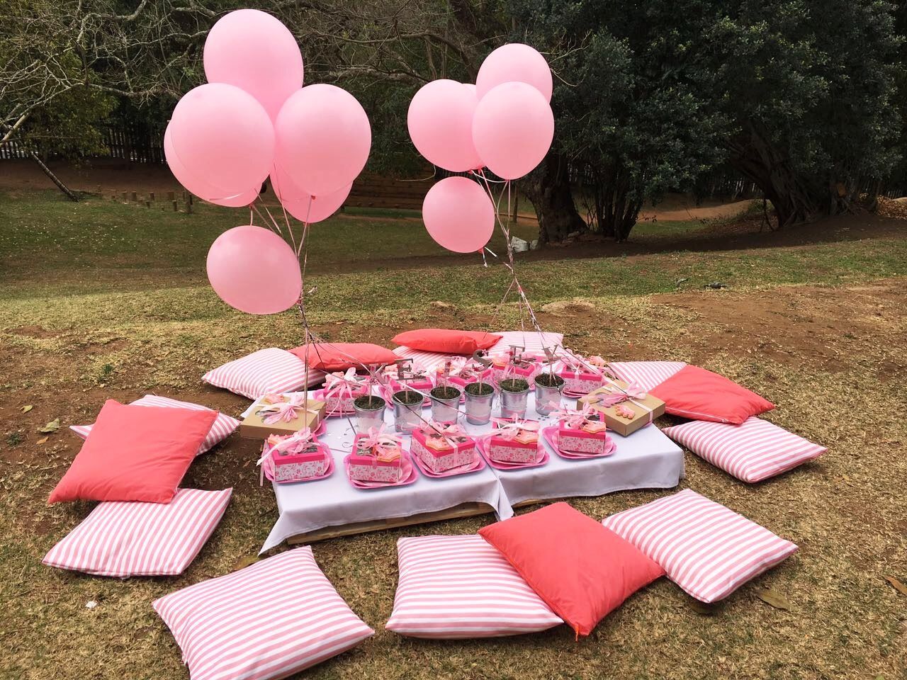 A picnic table with pink balloons and cupcakes on it