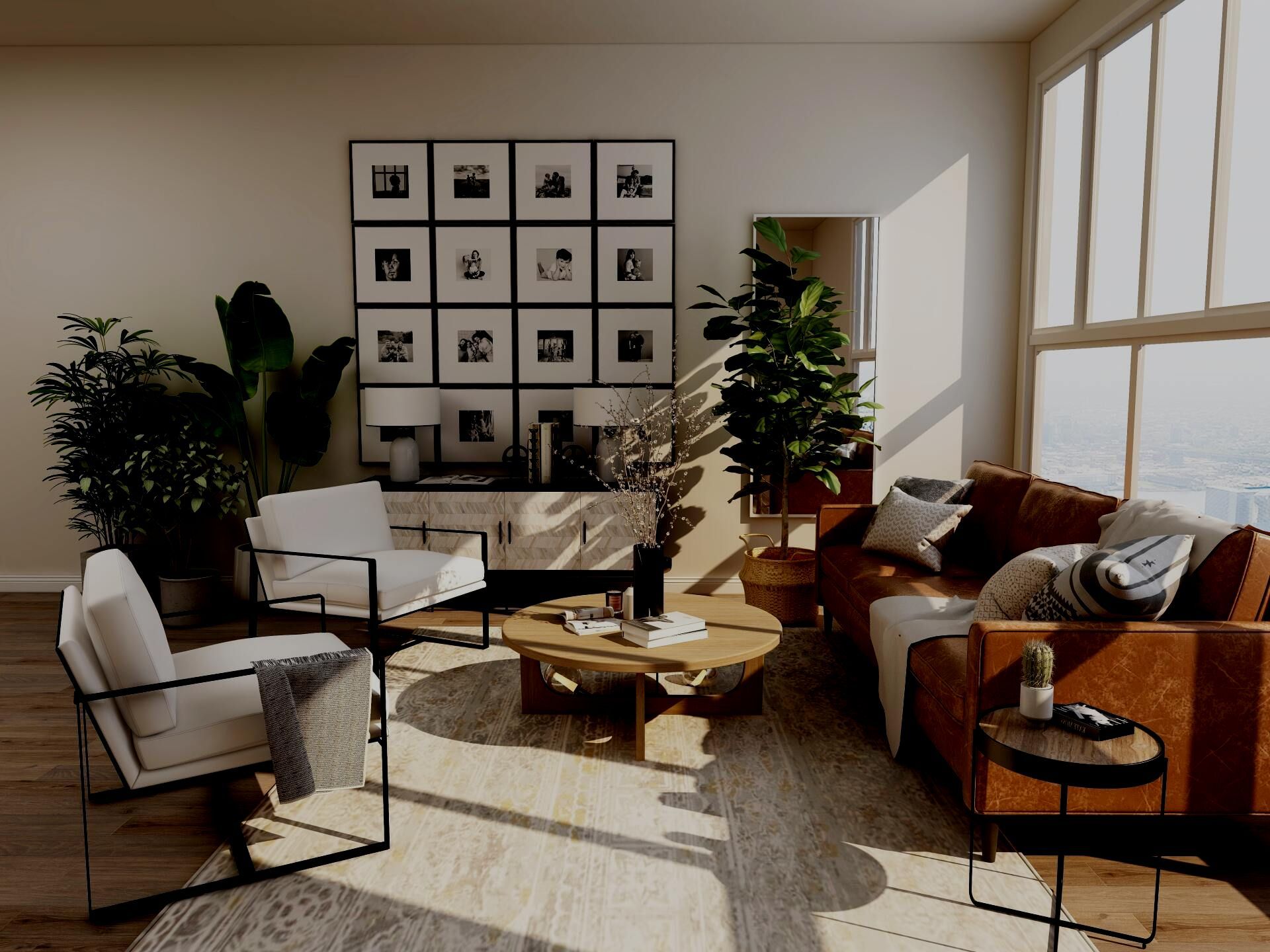 A living room with a couch , chairs , coffee table , and pictures on the wall.