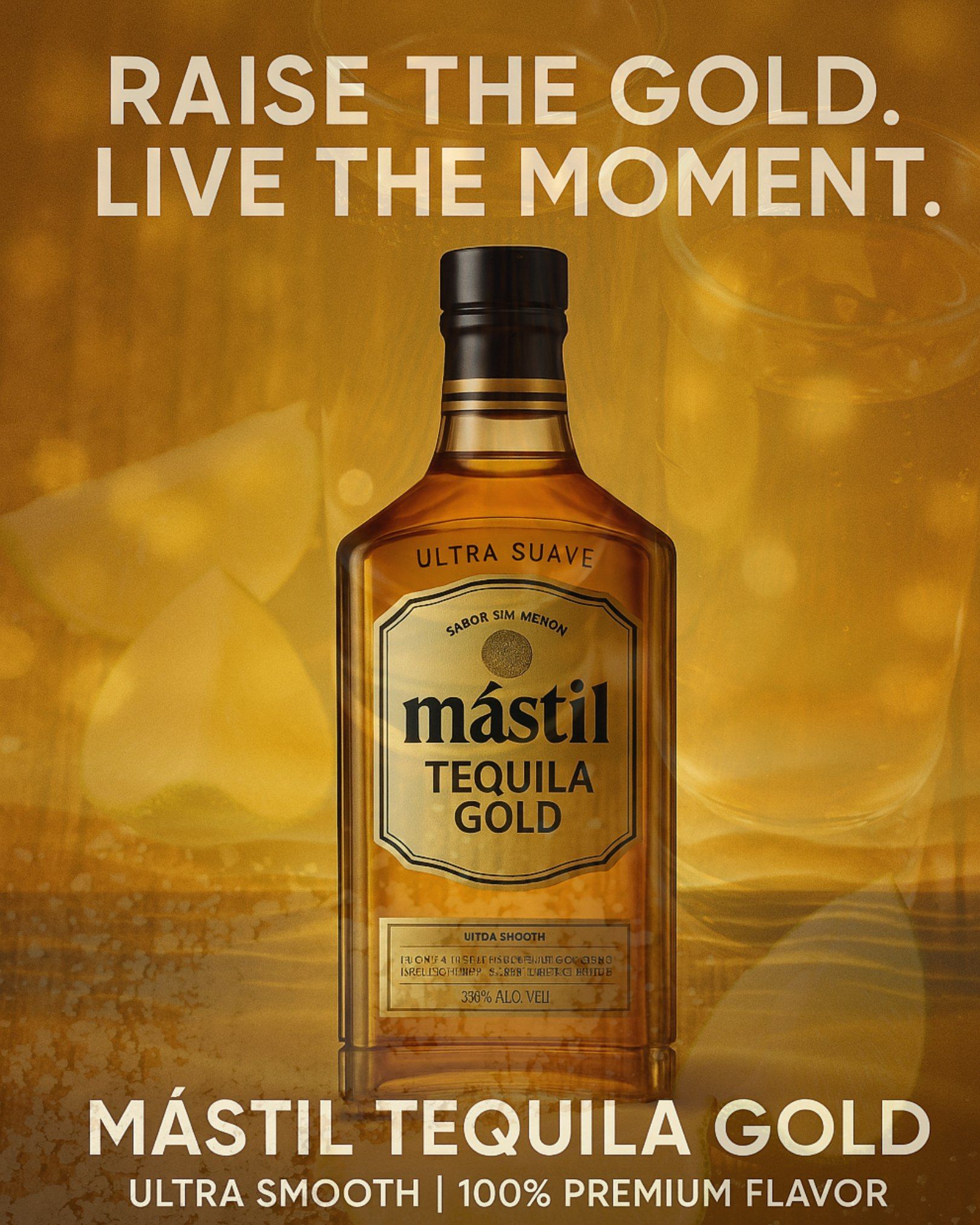 Bottle of Mástil Tequila Gold with a golden background. Text reads: Raise the gold, live the moment.