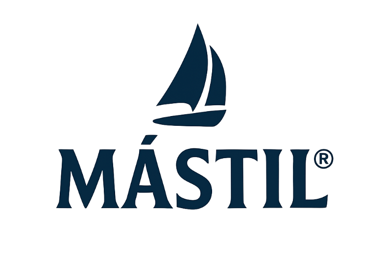 Logo of MÁSTIL, a dark blue sailboat above the dark blue word, on a white background.