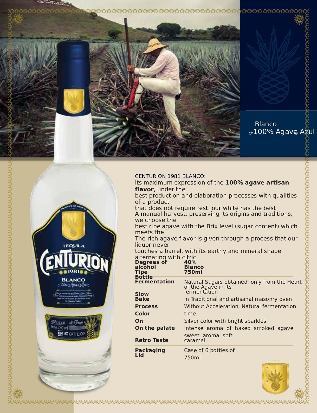 Bottle of Centurion Blanco tequila with information panel, agave field in background.