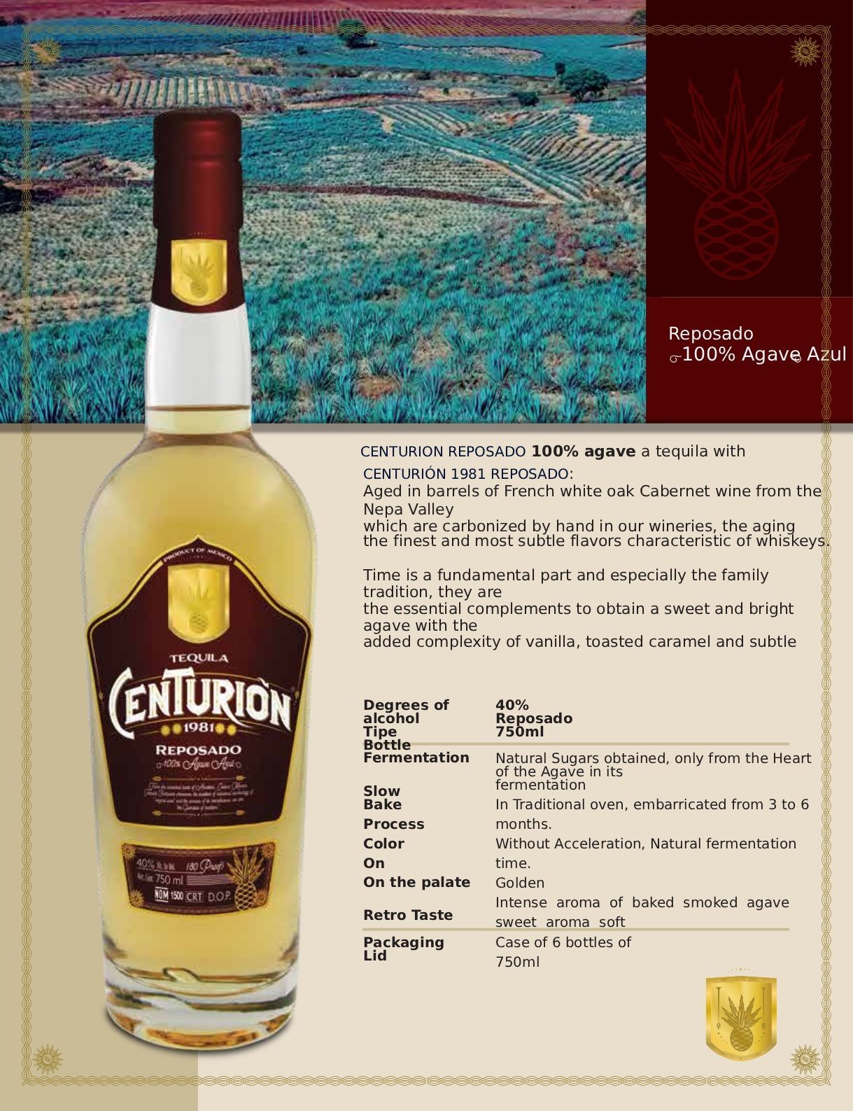 Bottle of Centurion Reposado tequila with descriptive text, including details of its origin and flavor profile.