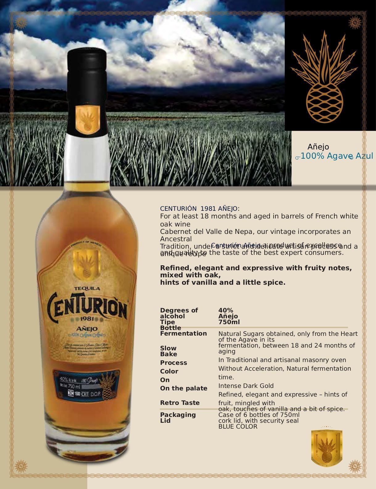 Bottle of Centurion Añejo tequila with agave field background.