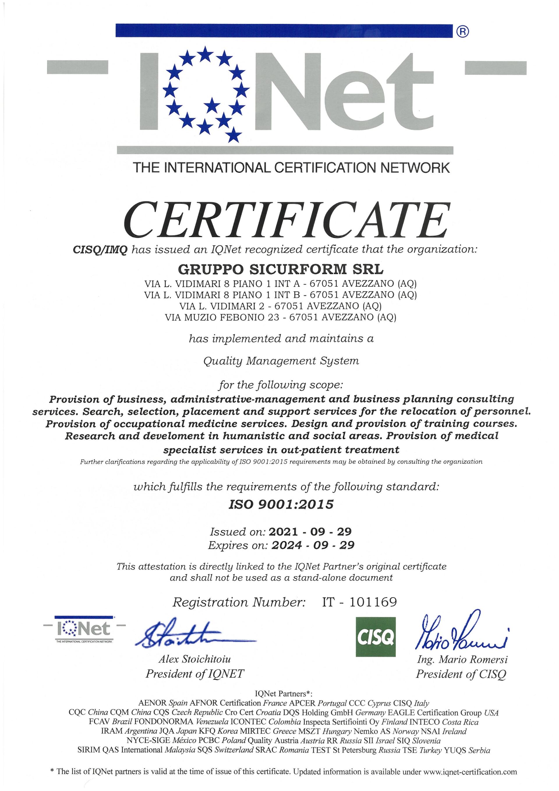 Certificazione di Qualità ISO 9001:2015
