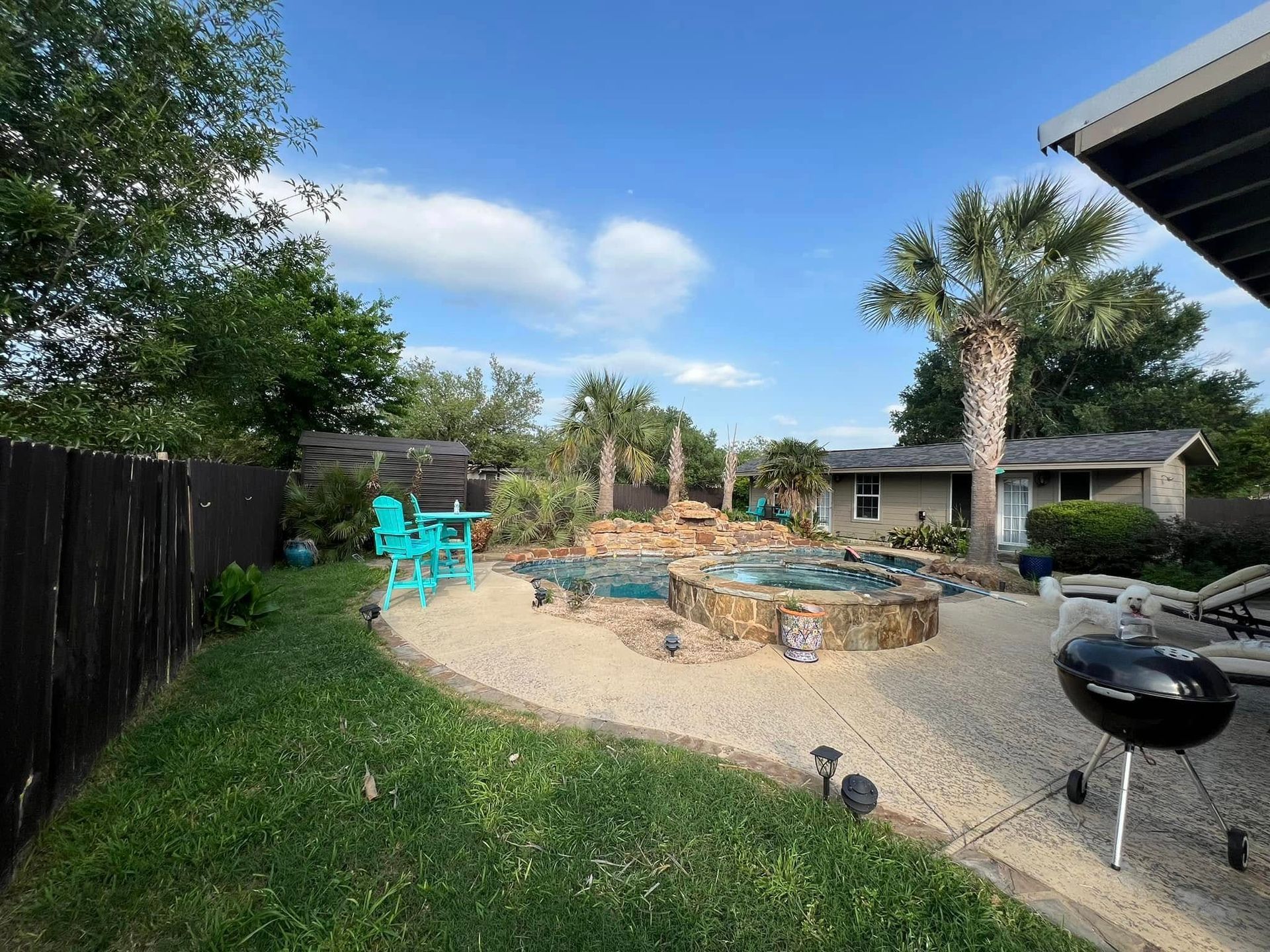 Backyard with a pool, patio, palm trees, blue sky, and a small barbecue.