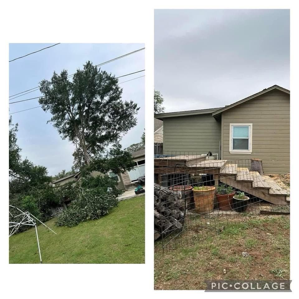 Two-panel view: tall tree near power lines, house with wooden deck, and cloudy sky.