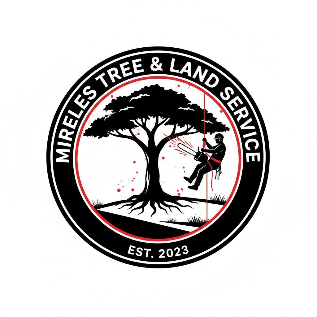 Logo for Mireles Tree & Land Service, featuring a silhouette of a tree with a worker trimming it, surrounded by a circular border.