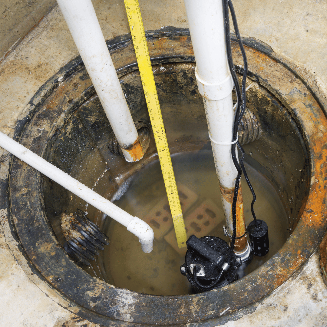 A manhole with a yellow ruler and a pump in it
