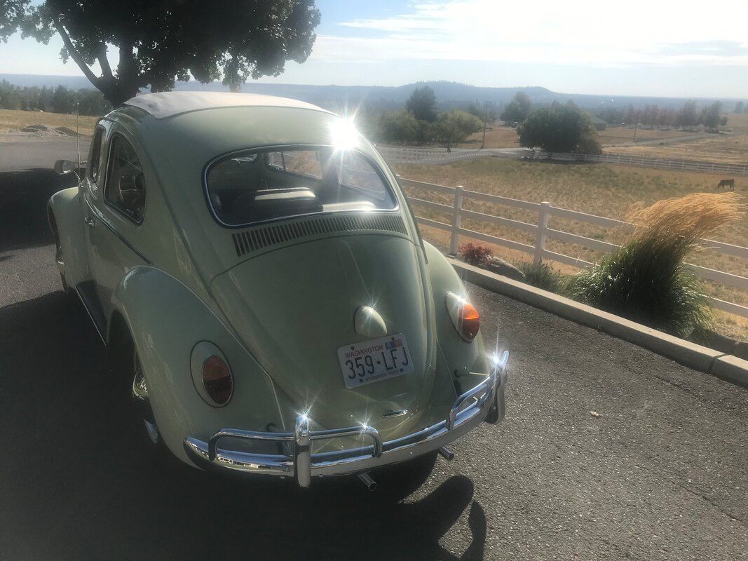 A green volkswagen beetle is parked on the side of the road.