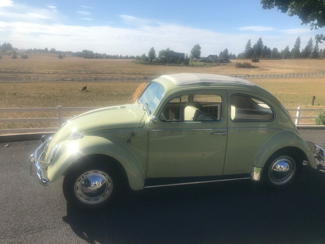 A green volkswagen beetle is parked on the side of the road.