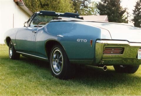 A blue gto convertible is parked in the grass