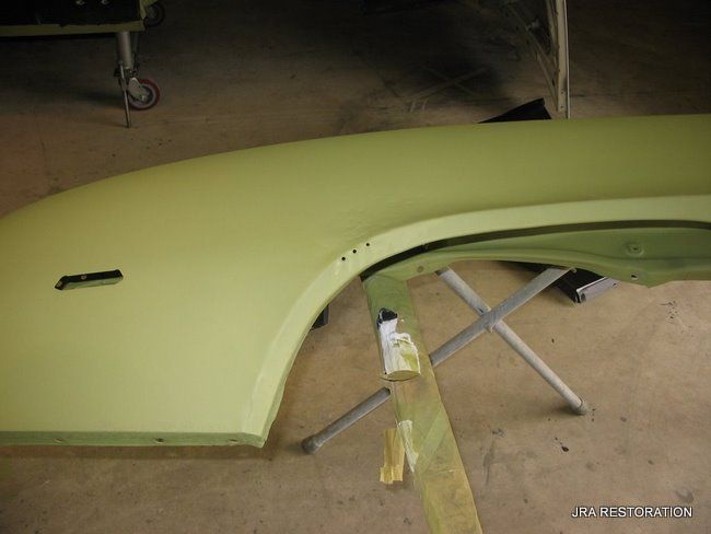 A green fender is sitting on a wooden table