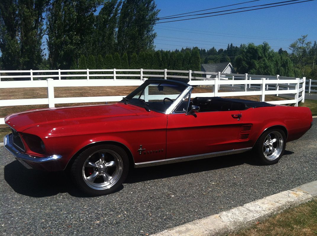 A red mustang convertible is parked on the side of the road.