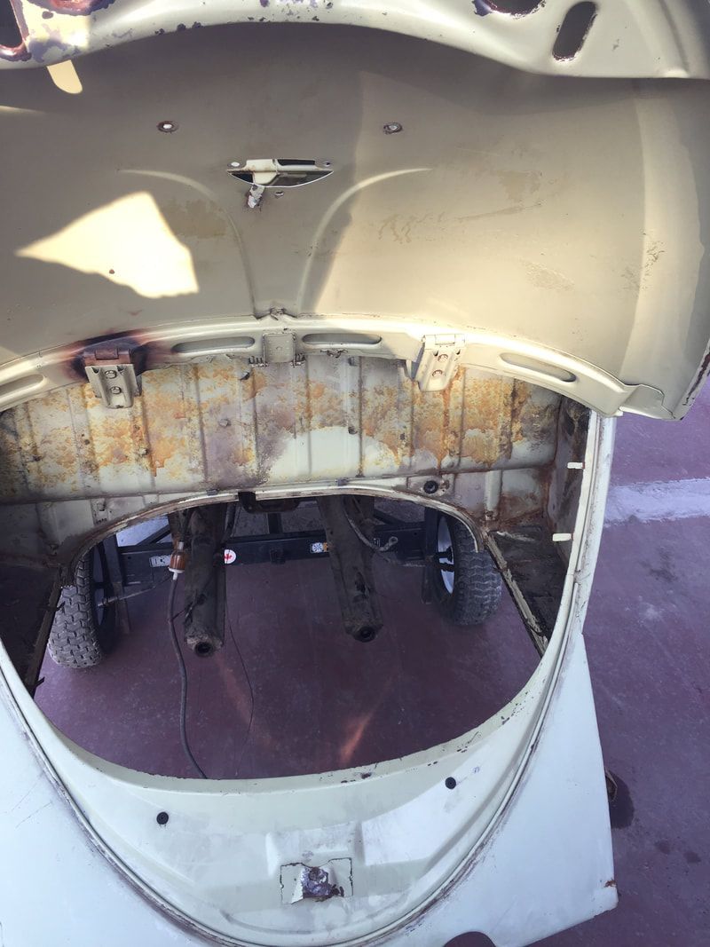 The hood of a car is open and shows the inside of the car