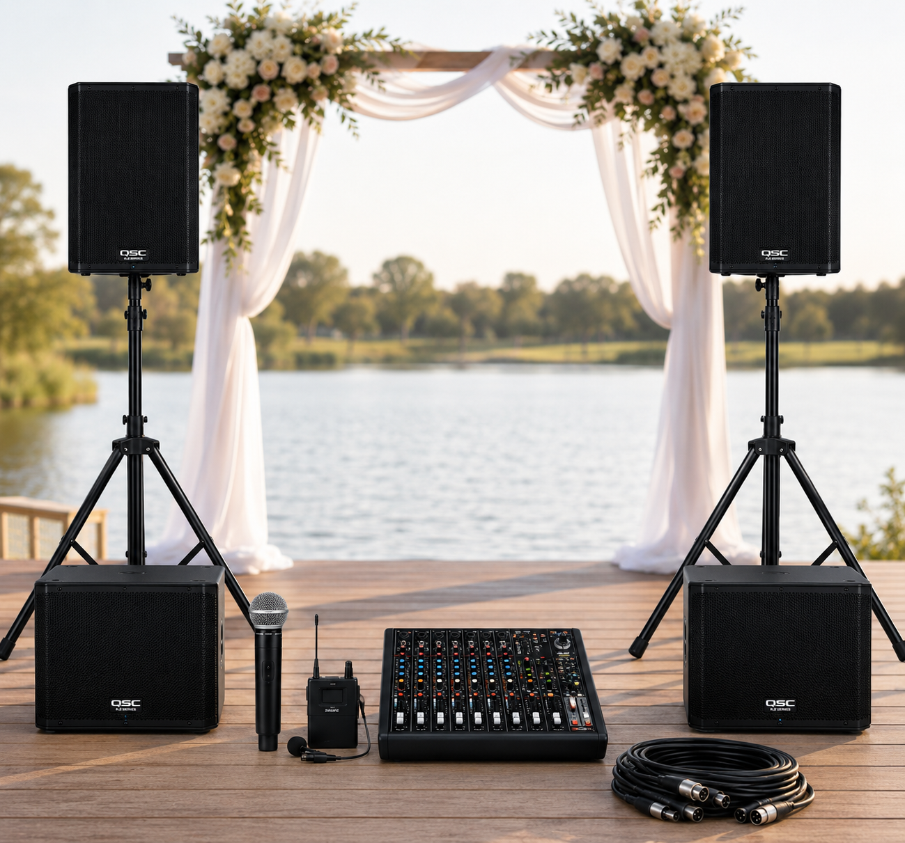 Wedding ceremony sound system with wireless microphones and QSC speakers
